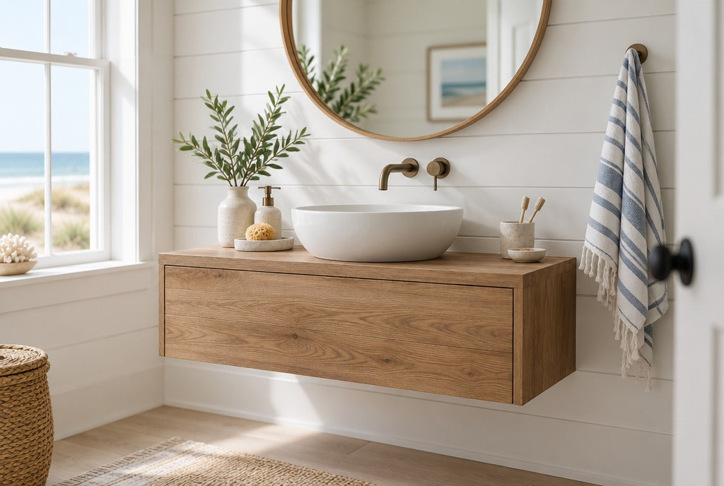 A solid wood floating bathroom vanity with a white vessel sink under a round mirror in a beach cottage bathroom with white shiplap walls and a striped towel