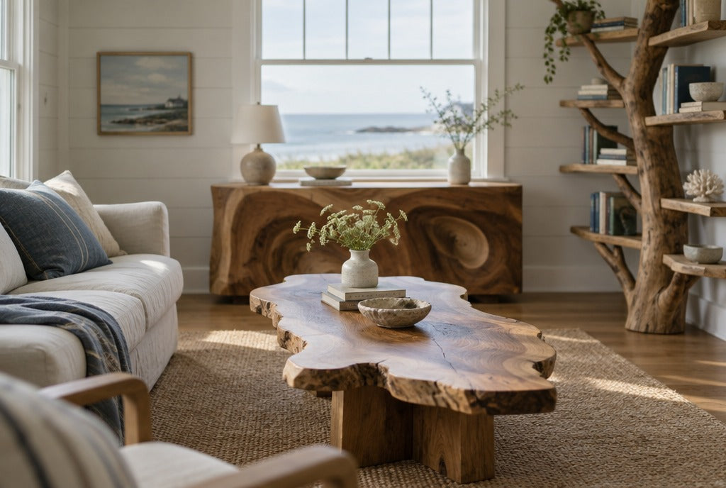 A small Cape Cod cottage living room with a live edge coffee table, a sculpted wood console under a window and a tree branch bookshelf, soft sea light