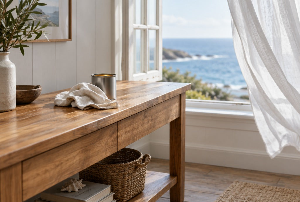 A solid wood console table near an open window with white curtains moving in a sea breeze in a coastal cottage, a cotton cloth and a tin of wood oil on top