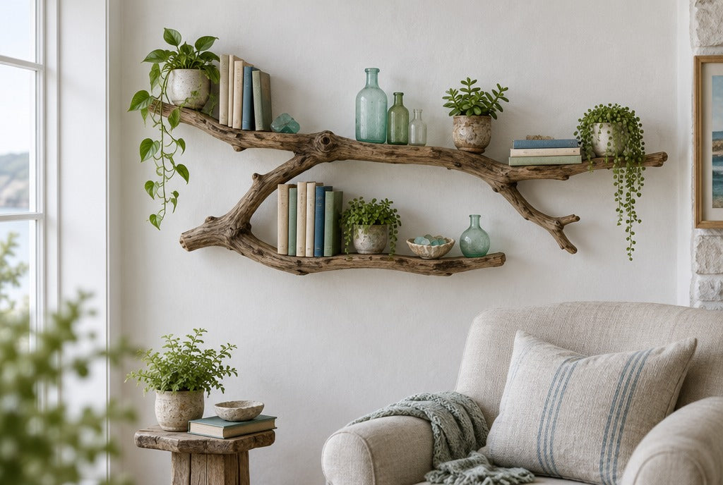 A sculpted tree branch wall bookshelf holding books, sea glass bottles and small potted plants on a white cottage wall above a linen armchair