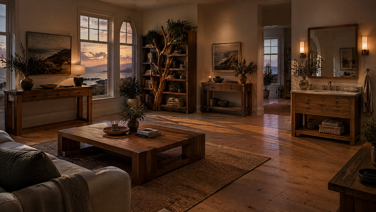 A bright coastal showroom with newly built solid wood consoles, coffee tables, tree bookshelves and a vanity
