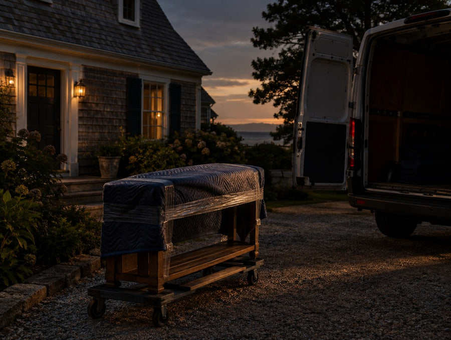 A blanket-wrapped solid wood console on a dolly beside a delivery van at a shingled Cape Cod cottage