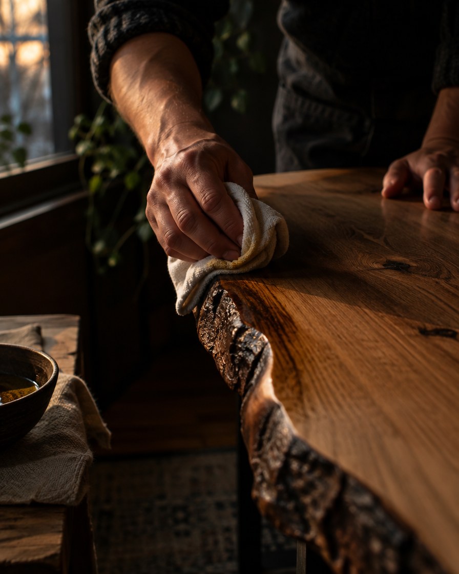 Hands wiping oil onto the edge of a live edge oak tabletop