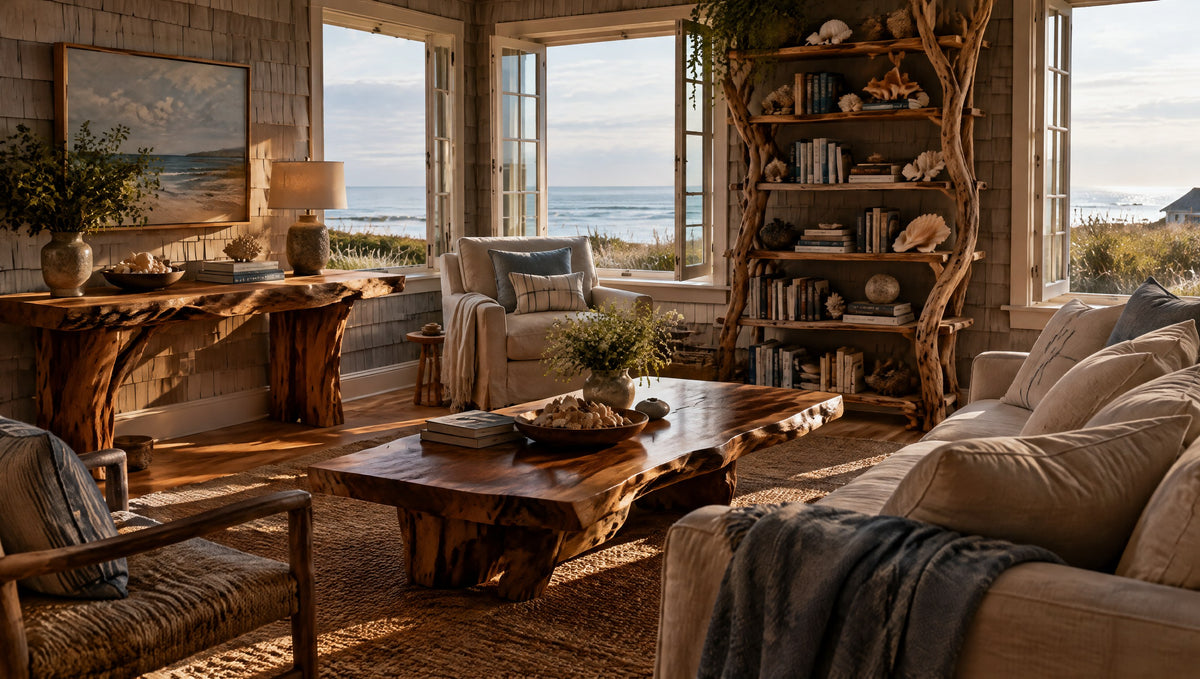 A bright Cape Cod cottage living room with a sculpted wood console, a live edge coffee table and a tree branch bookshelf