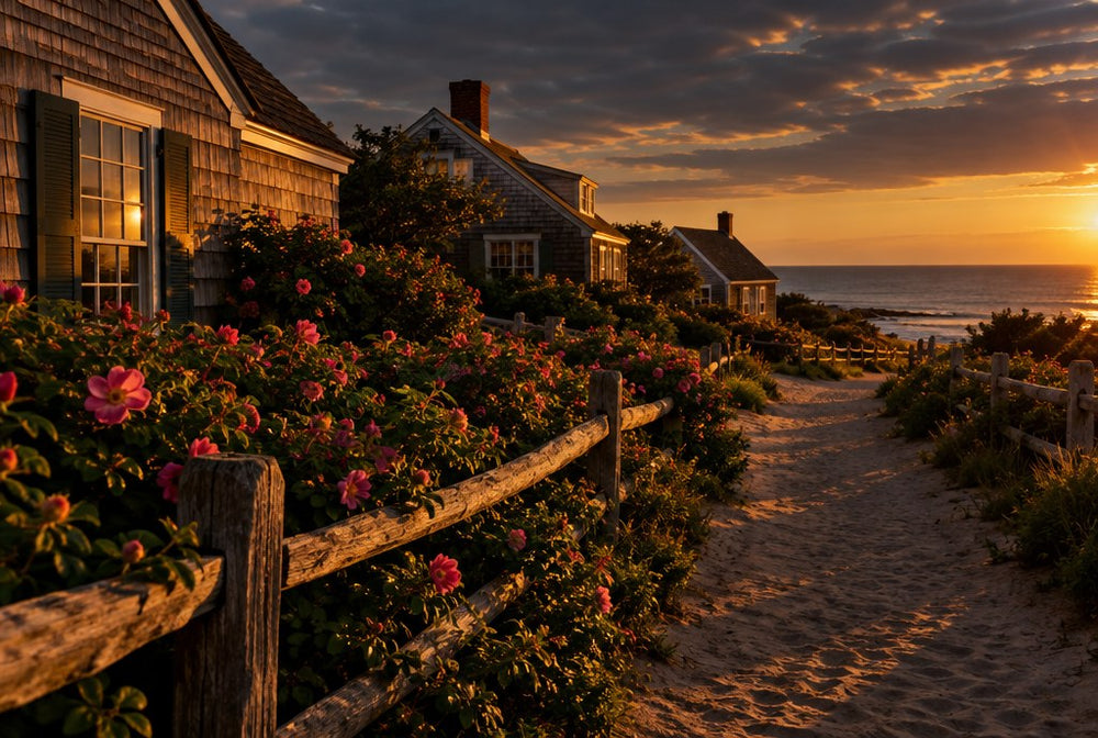A sandy lane of cedar-shingled Cape Cod cottages near the shore at golden hour